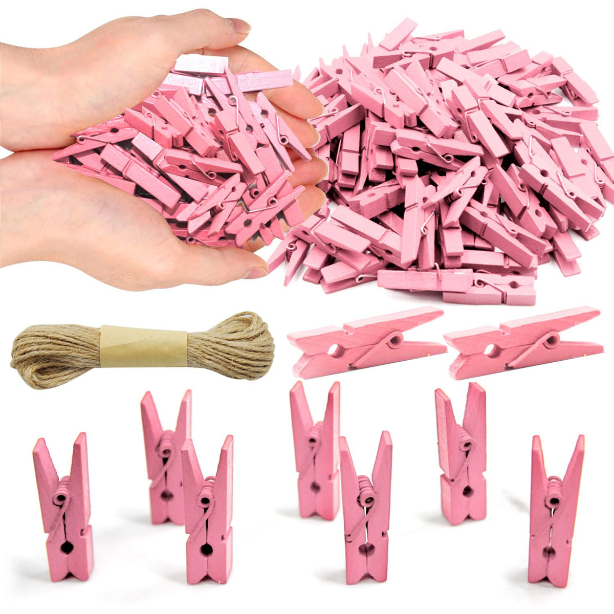 1.35 Inch Mini ClothesPins for Photo【100 Pcs】 with 32 Feet Jute Twine，Mini Clothes Pins for Crafts,Wooden Small Clothes Pins for Pictures,Tiny Decorative Clothespins for Baby Shower(Natural Color)