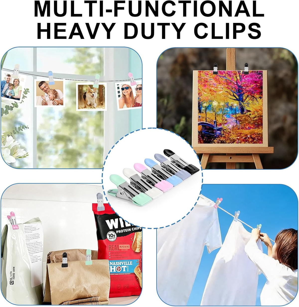 Clothes Pins, Senbowe 30 Pack Chip Clips, 2.17 Inch Metal Chip Bag Clips, Food Clips for Kitchen Stainless Steel with Rubber, Clothespins for Photo Drying Clothesline
