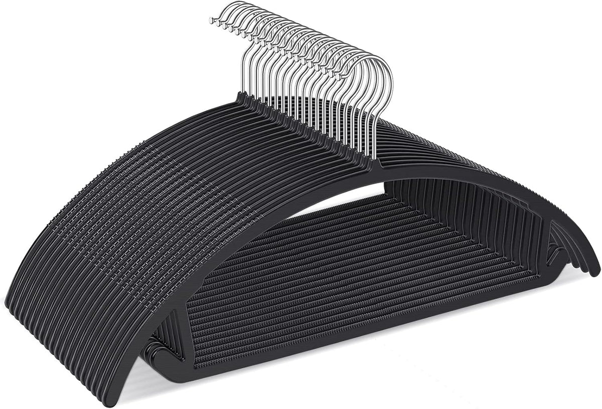 Ergonomic Curved Plastic Hangers 50 Pack No-Bump Black, Heavy Duty