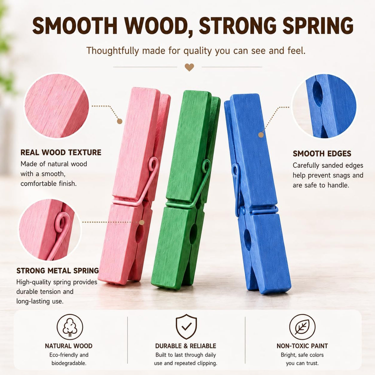 TONOS Wooden Clothespins 50 Pack, 2.9 Inch Colored Clothes Pins for Crafts