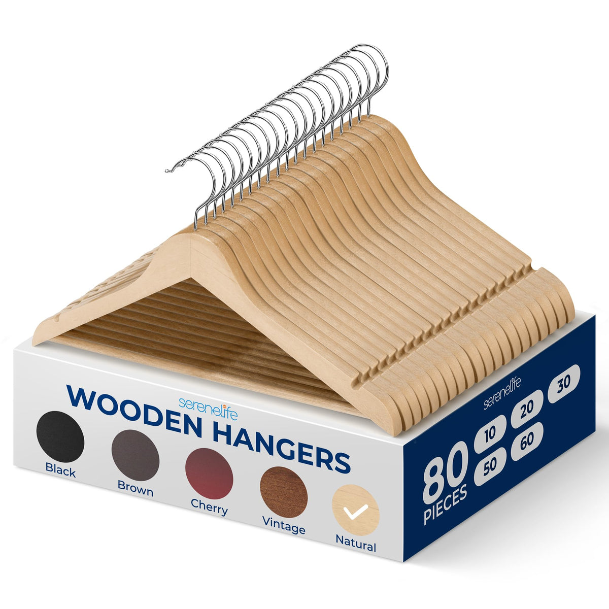 SereneLife Wooden Hangers 50 Pack - Durable & Slim Coat Hanger - Wood Hangers for Coats, Suits, Jackets, Closet & Pants - Suit Hanger with 360-Degree Rotatable Hook and Shoulder Grooves (Brown Color)