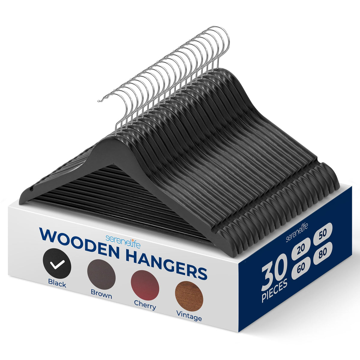 SereneLife Wooden Hangers 50 Pack - Durable & Slim Coat Hanger - Wood Hangers for Coats, Suits, Jackets, Closet & Pants - Suit Hanger with 360-Degree Rotatable Hook and Shoulder Grooves (Brown Color)