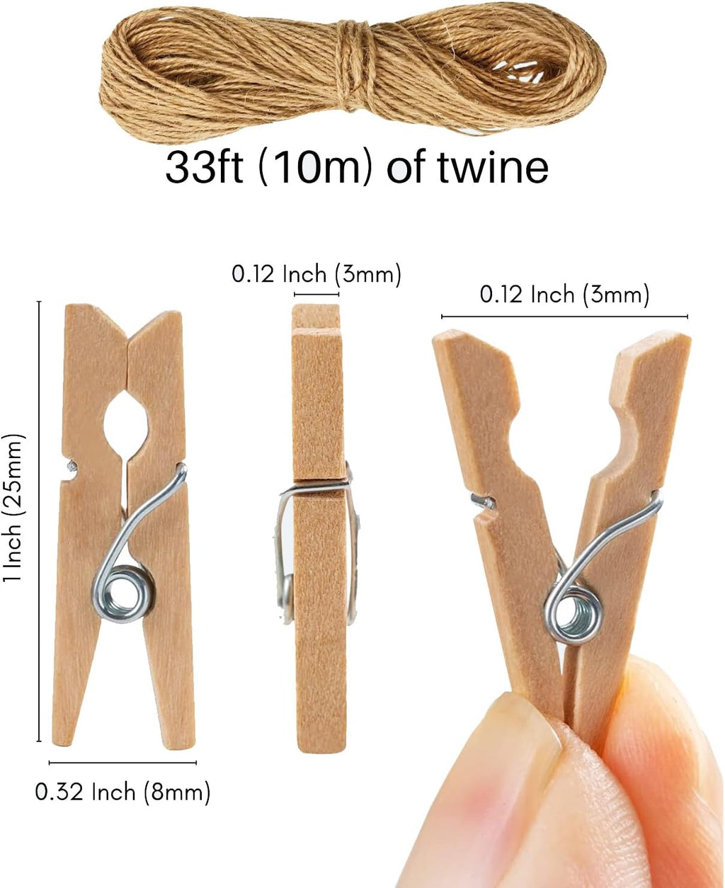 Mini Clothespins 200 Pcs, 1" Wooden Clothespins with 11FT Jute Twine