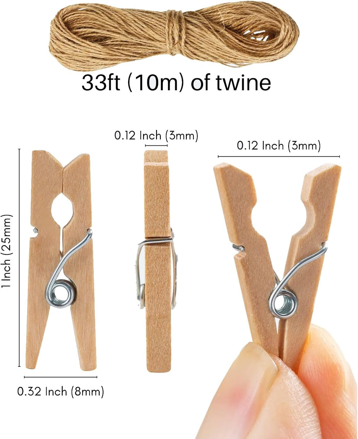Mini Clothespins 200 Pcs, 1" Wooden Clothespins with 11FT Jute Twine