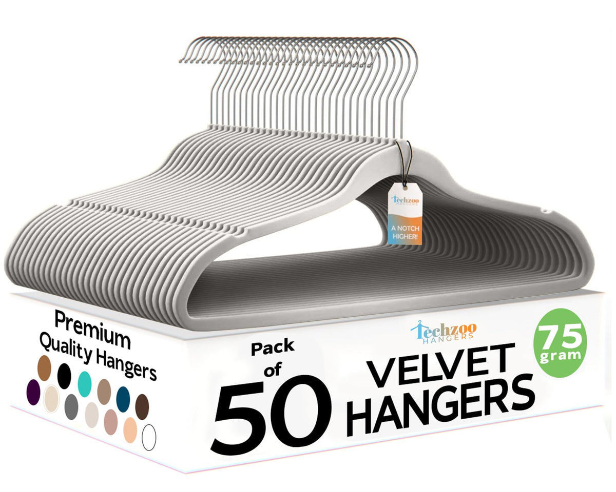 Techzoo 50 Pack New Premium Quality Velvet Hangers Ultra Thin Non Slip Adult Felt Space Saving Hangers for Closet Heavy Duty Coat Pants Jackets Dress Hangers 360° Swivel Hook Hold Upto 10 lbs Black