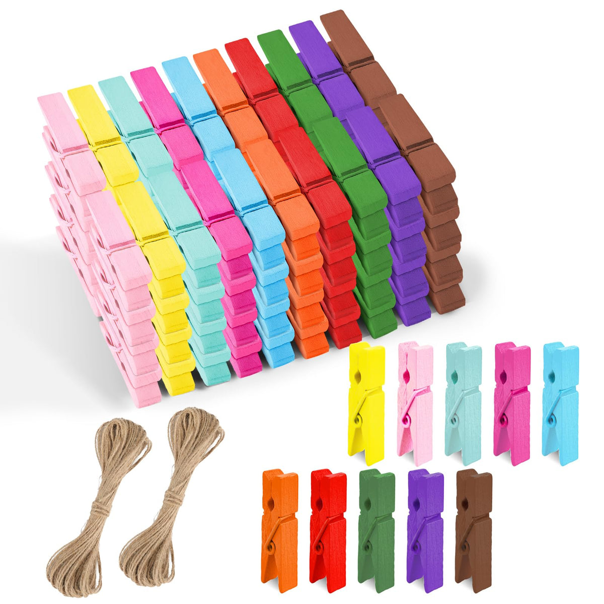 KINGLAKE Colored Clothes Pins Wooden - Colored Clothespins for Crafts 2.9 Inch,50 Pcs 10 Colors Colorful Clothespins Clips with Jute String for Hanging Pictures,Photo Displays,Classroom Arts Crafts