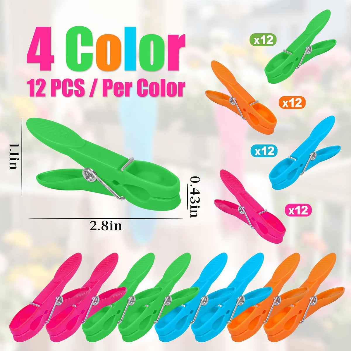 48 PCS Clothes Pins, Colored Clothespins for Clamping Tighter, Plastic Clothes Pins Heavy Duty Outdoor, Non-Slip Clips for Hanging Clothes, Socks, Towels, Crafts and Food Sealing