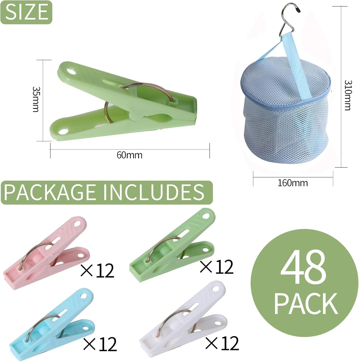 48 Pack Plastic Clothes Pins Heavy Duty Outdoor for Hanging Clothes, Colored Clothespins Clips with Springs Clothes Drying Line Pegs with Mesh Clothes pin Bag，Crafts Picture Clips Food Package Clips