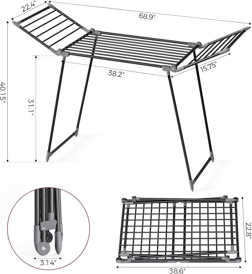 APEXCHASER Clothes Drying Rack, Large Capacity Drying Rack, 69" L, Black