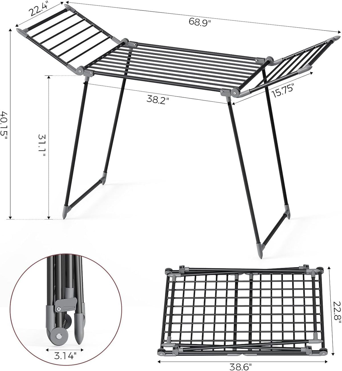 APEXCHASER Clothes Drying Rack, Large Capacity Drying Rack, 69" L, Black