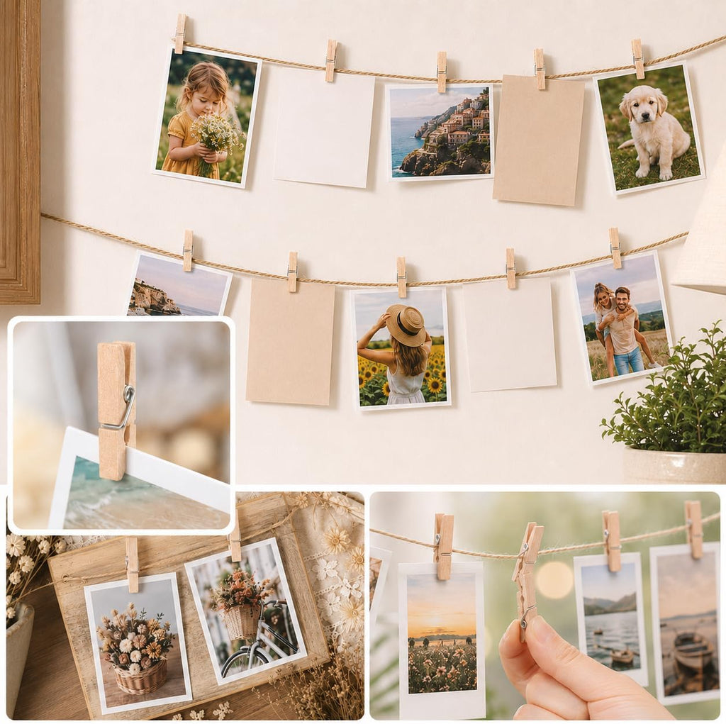200 PCS Mini Clothespins for Photos, 1 Inch Mini Wooden Clothespins with 10M Jute Twine, Small Clothes Pins, Tiny Photo Clips, Wooden Clips for Picture Display, Crafts, Scrapbooking, Party Decorations