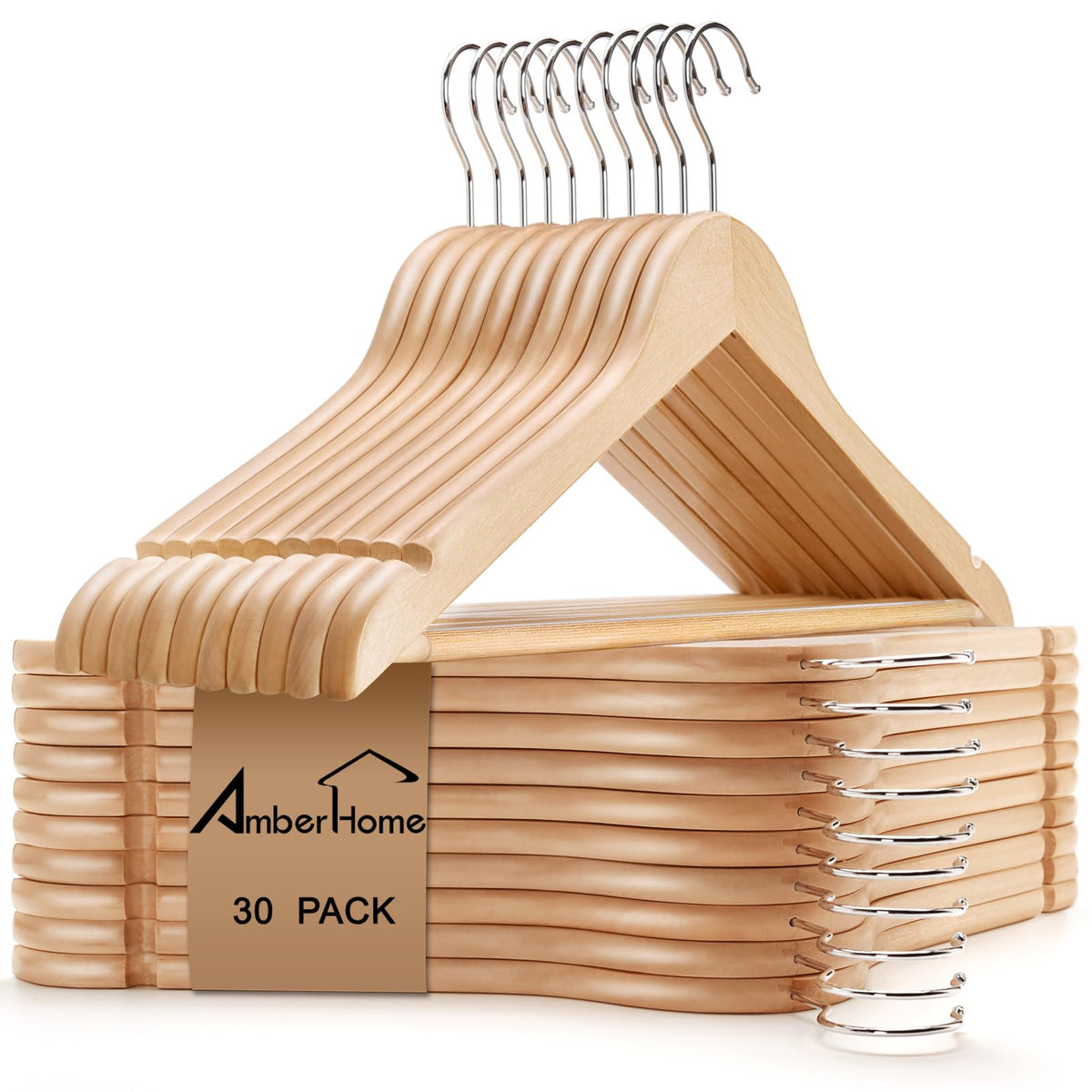 Amber Home 30 Pack White Wooden Coat Hangers, Wood Suit Hangers