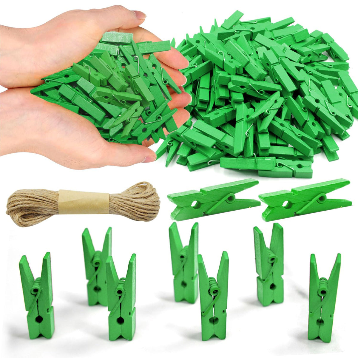 1.35 Inch Mini ClothesPins for Photo【100 Pcs】 with 32 Feet Jute Twine，Mini Clothes Pins for Crafts,Wooden Small Clothes Pins for Pictures,Tiny Decorative Clothespins for Baby Shower(Natural Color)