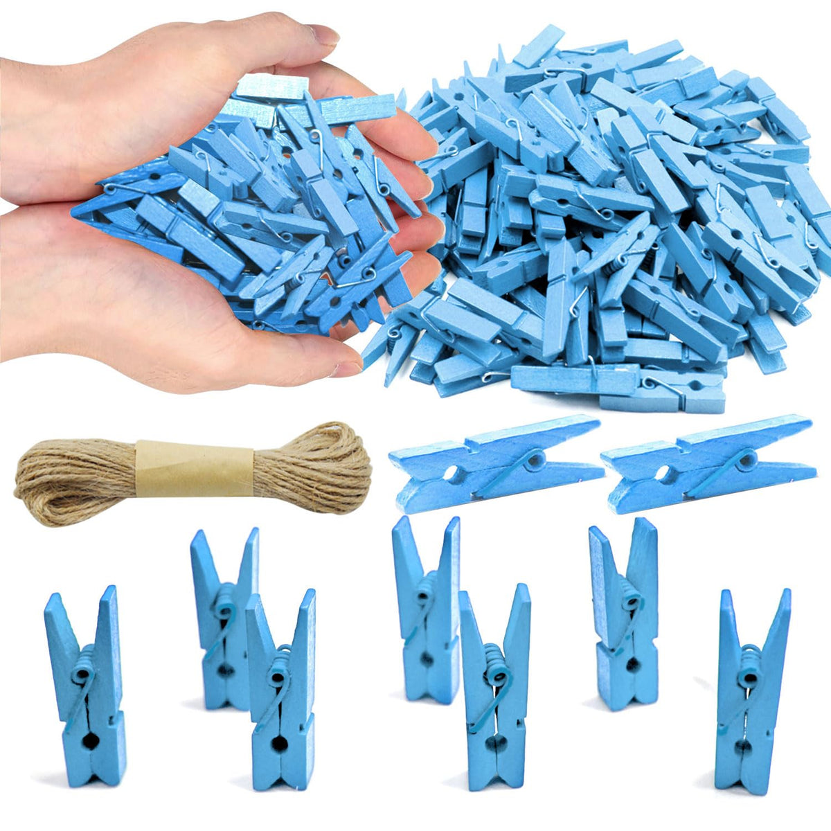 1.35 Inch Mini ClothesPins for Photo【100 Pcs】 with 32 Feet Jute Twine，Mini Clothes Pins for Crafts,Wooden Small Clothes Pins for Pictures,Tiny Decorative Clothespins for Baby Shower(Natural Color)