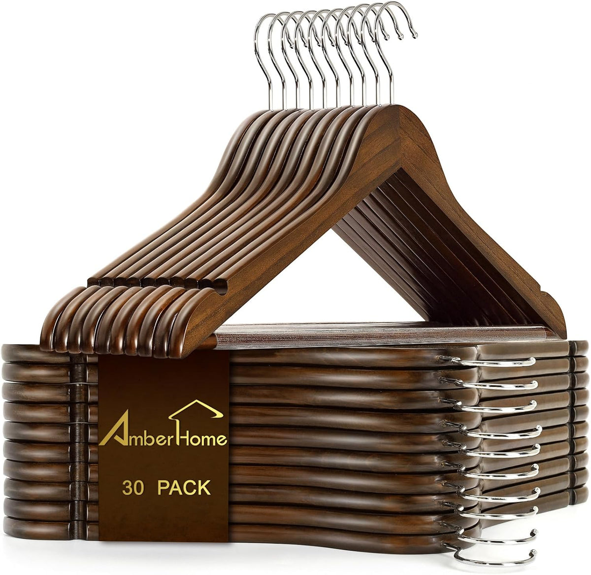 Amber Home 30 Pack Retro Wooden Coat Hangers, Wood Suit Hangers
