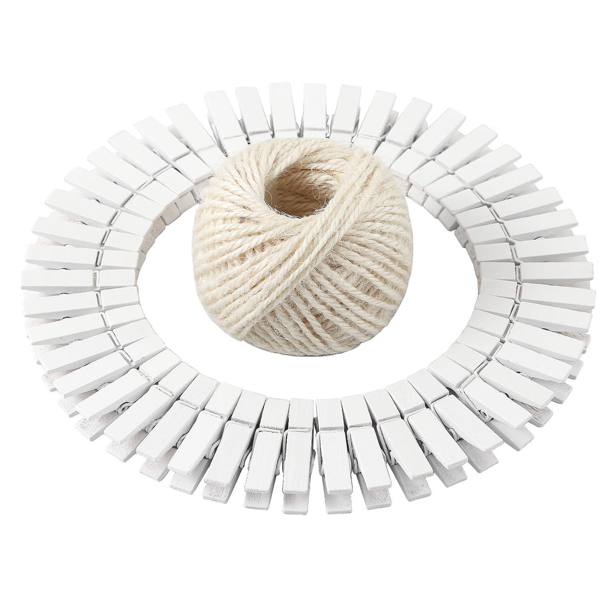 HSTECH 100 Pcs White Mini Natural Wooden Clothespins and 82 Ft Jute Twine, Baby Clothes Pins, 1.38in Craft Photo Clips for Home School Arts Crafts Decor, DIY Decoration's, Arts and Crafts, Weddings
