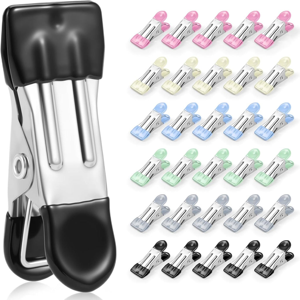 Clothes Pins, Senbowe 30 Pack Chip Clips, 2.17 Inch Metal Chip Bag Clips, Food Clips for Kitchen Stainless Steel with Rubber, Clothespins for Photo Drying Clothesline