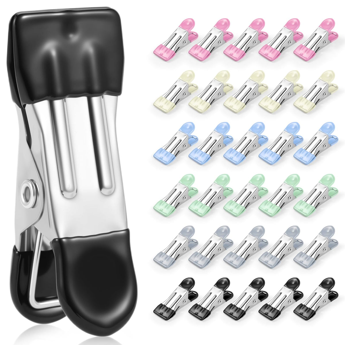 Clothes Pins, Senbowe 30 Pack Chip Clips, 2.17 Inch Metal Chip Bag Clips, Food Clips for Kitchen Stainless Steel with Rubber, Clothespins for Photo Drying Clothesline