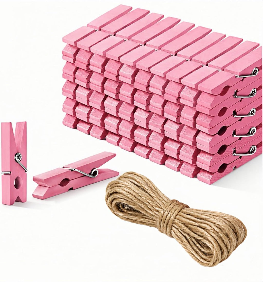 1.4 Inch Mini Wooden Clothespins, 50 Pack Natural Birch Wood Clips with Spring for Crafts, Photo Hanging, DIY Projects, Party & Home Decoration Jute Twine Clothing Line(Pink)