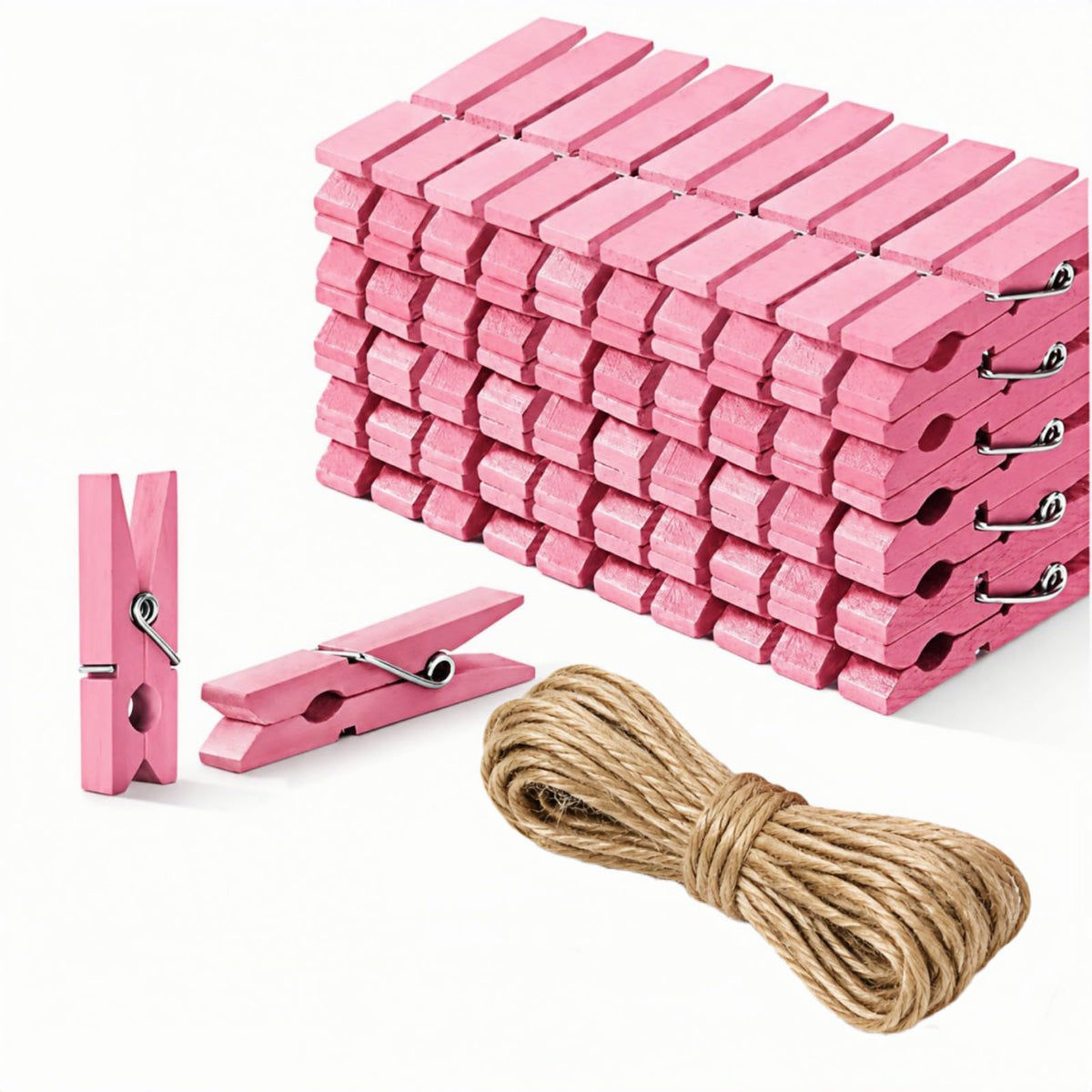 1.4 Inch Mini Wooden Clothespins, 50 Pack Natural Birch Wood Clips with Spring for Crafts, Photo Hanging, DIY Projects, Party & Home Decoration Jute Twine Clothing Line(Pink)