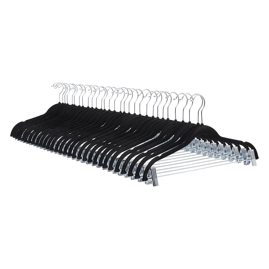 Amazon Basics Velvet Non-Slip Skirt Clothes Hangers with Clips, 360 Degree Rotatable Hook, Organize Pants and Skirts, Black/Silver, 24-Pack