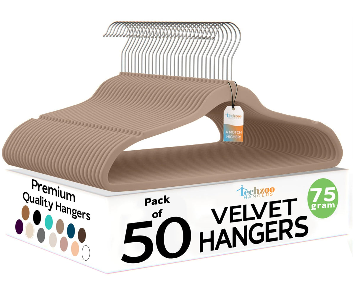 Techzoo 50 Pack New Premium Quality Velvet Hangers Ultra Thin Non Slip Adult Felt Space Saving Hangers for Closet Heavy Duty Coat Pants Jackets Dress Hangers 360° Swivel Hook Hold Upto 10 lbs Black