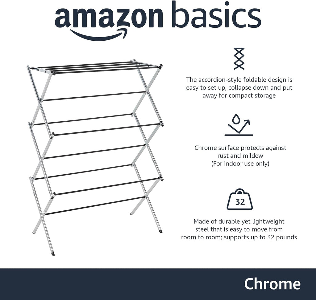 Amazon Basics Foldable Portable Metal Clothes Drying Rack for Indoor Air Drying, Energy Saving, 14.5 x 29.5 x 41.8 inches, Chrome Silver