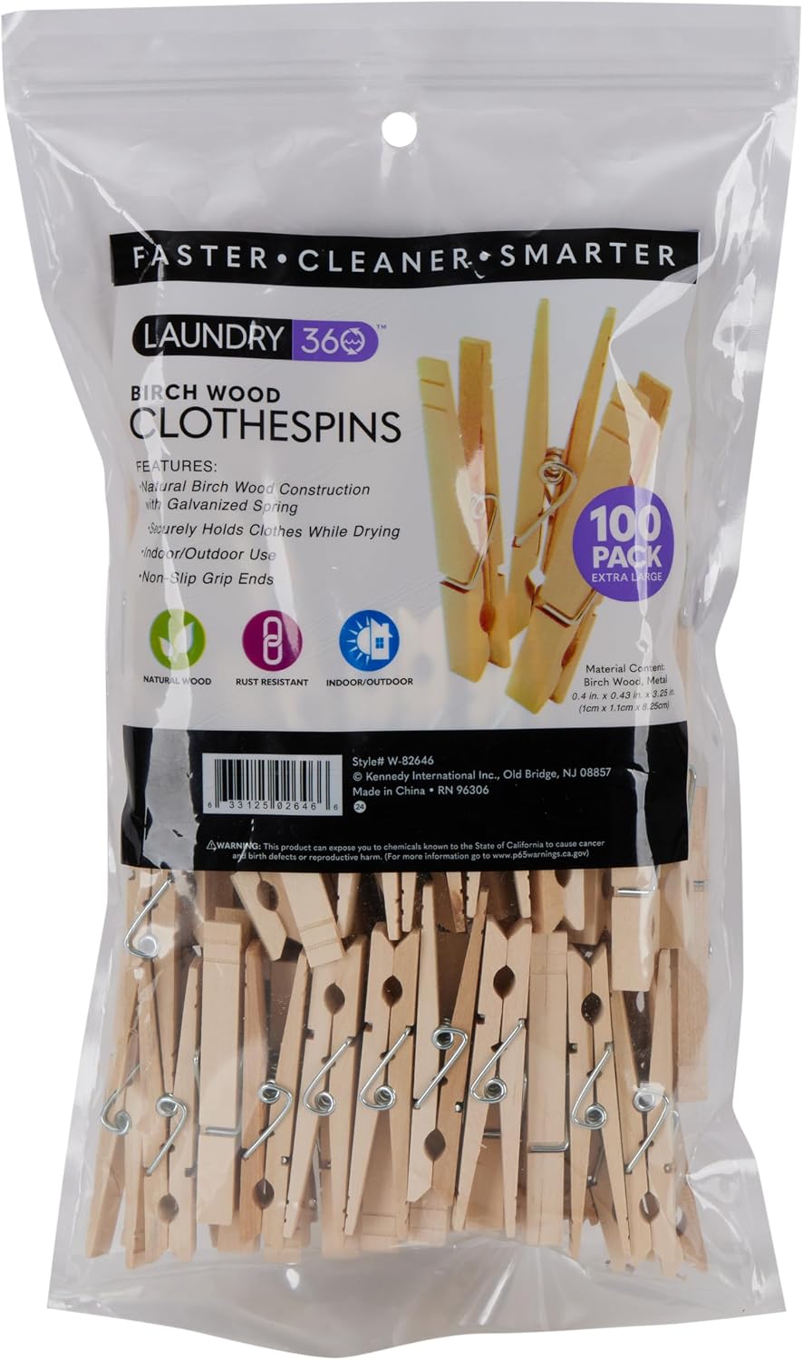 Laundry 360 Extra Large Wooden 100 Pack Clothespins