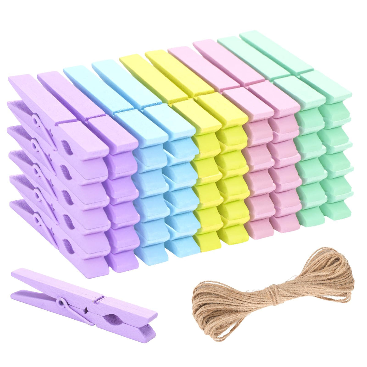 KINGLAKE Colored Clothes Pins Wooden - Colored Clothespins for Crafts 2.9 Inch,50 Pcs 10 Colors Colorful Clothespins Clips with Jute String for Hanging Pictures,Photo Displays,Classroom Arts Crafts