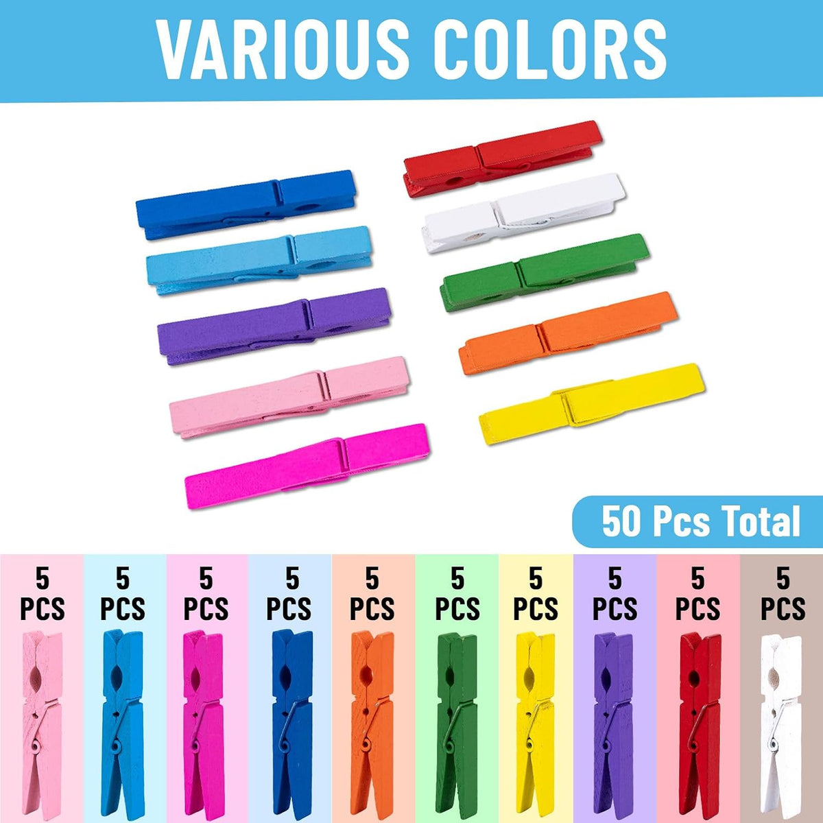 KINGLAKE Colored Clothes Pins Wooden - Colored Clothespins for Crafts 2.9 Inch,50 Pcs 10 Colors Colorful Clothespins Clips with Jute String for Hanging Pictures,Photo Displays,Classroom Arts Crafts