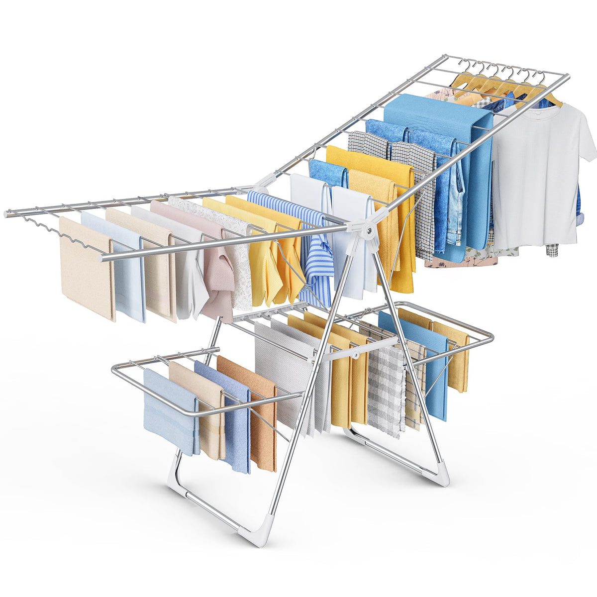 Sakugi Clothes Drying Rack, Foldable 2-Level with 55.5" Adjustable Wings
