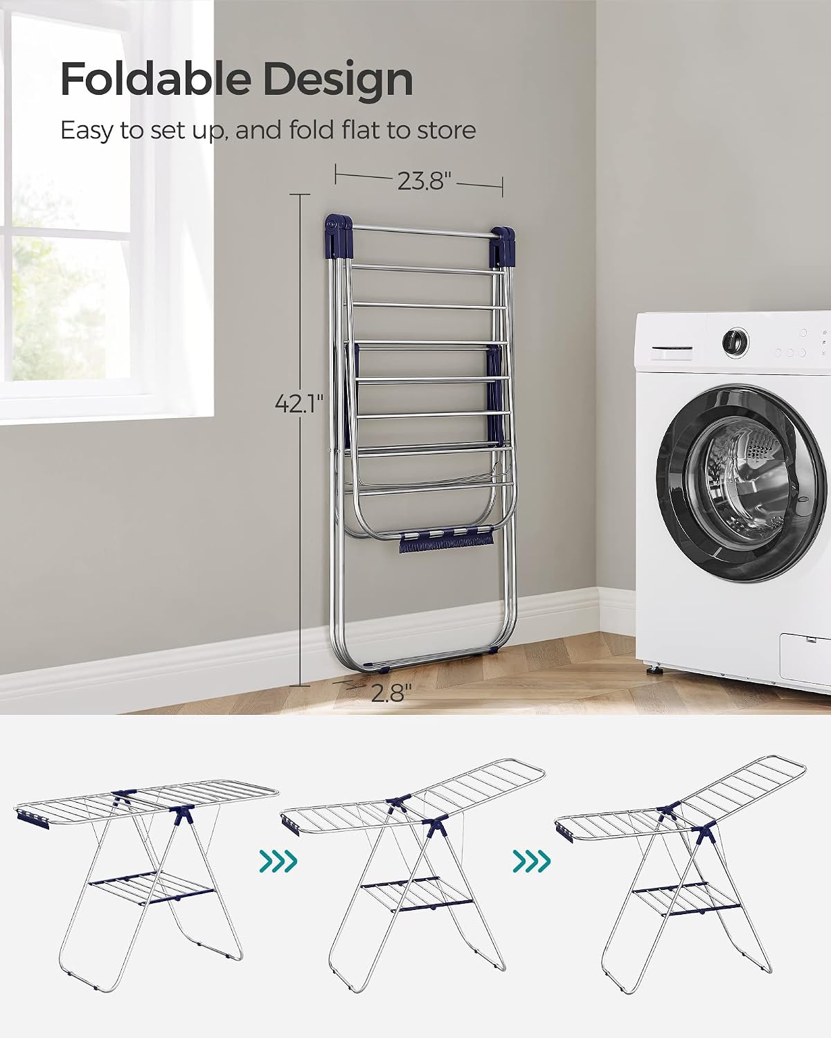 SONGMICS Clothes Drying Rack, Foldable Space-Saving Steel Laundry Rack