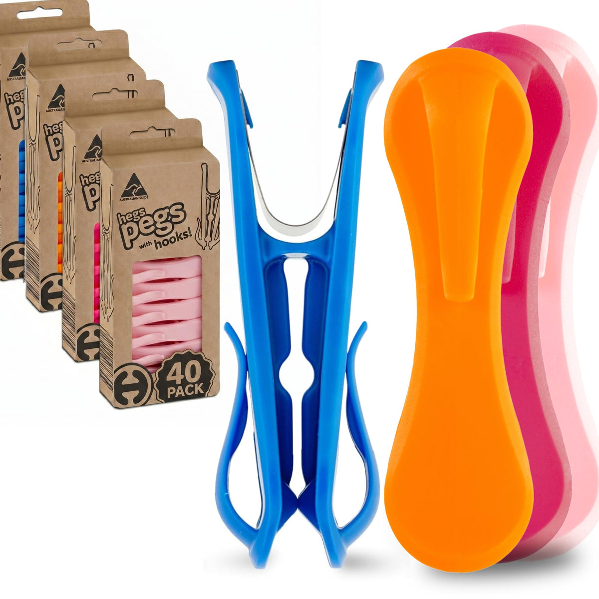 Hegs 24 Pack Multi-Color - The Smartest Heavy Duty Clothespins with Hooks - Hang 3 Garments at Once with Our Tough, Dual Hooks Clothes Pins with Anti-Rust Spring - Durable, Colorful Clothespins