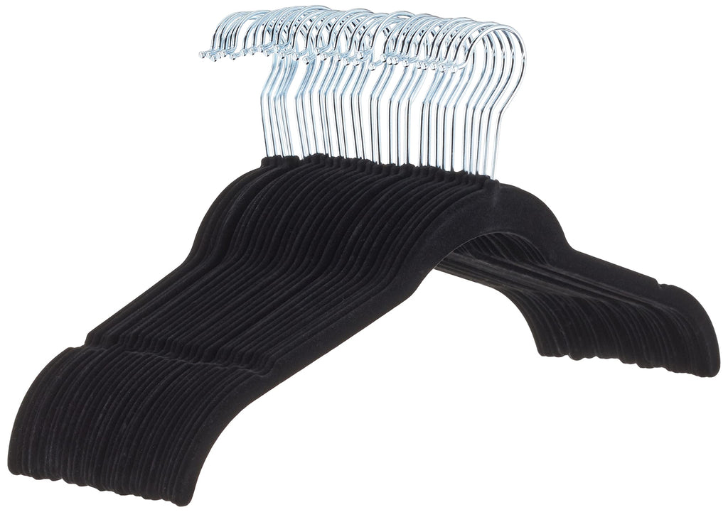 Amazon Basics Space-Saving Slim Velvet Non-Slip Clothes Hangers for Closet Organization with Shoulder Notches, Black/Silver, 30-Pack