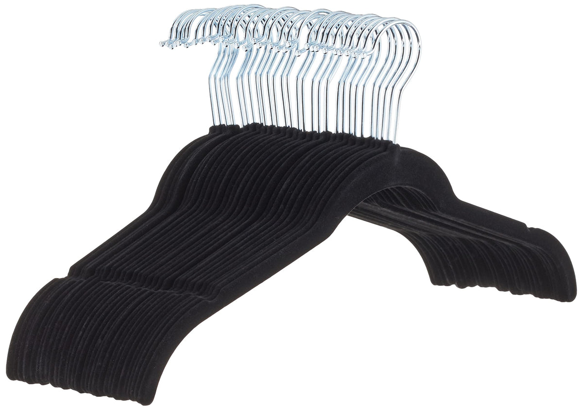 Amazon Basics Space-Saving Slim Velvet Non-Slip Clothes Hangers for Closet Organization with Shoulder Notches, Black/Silver, 30-Pack