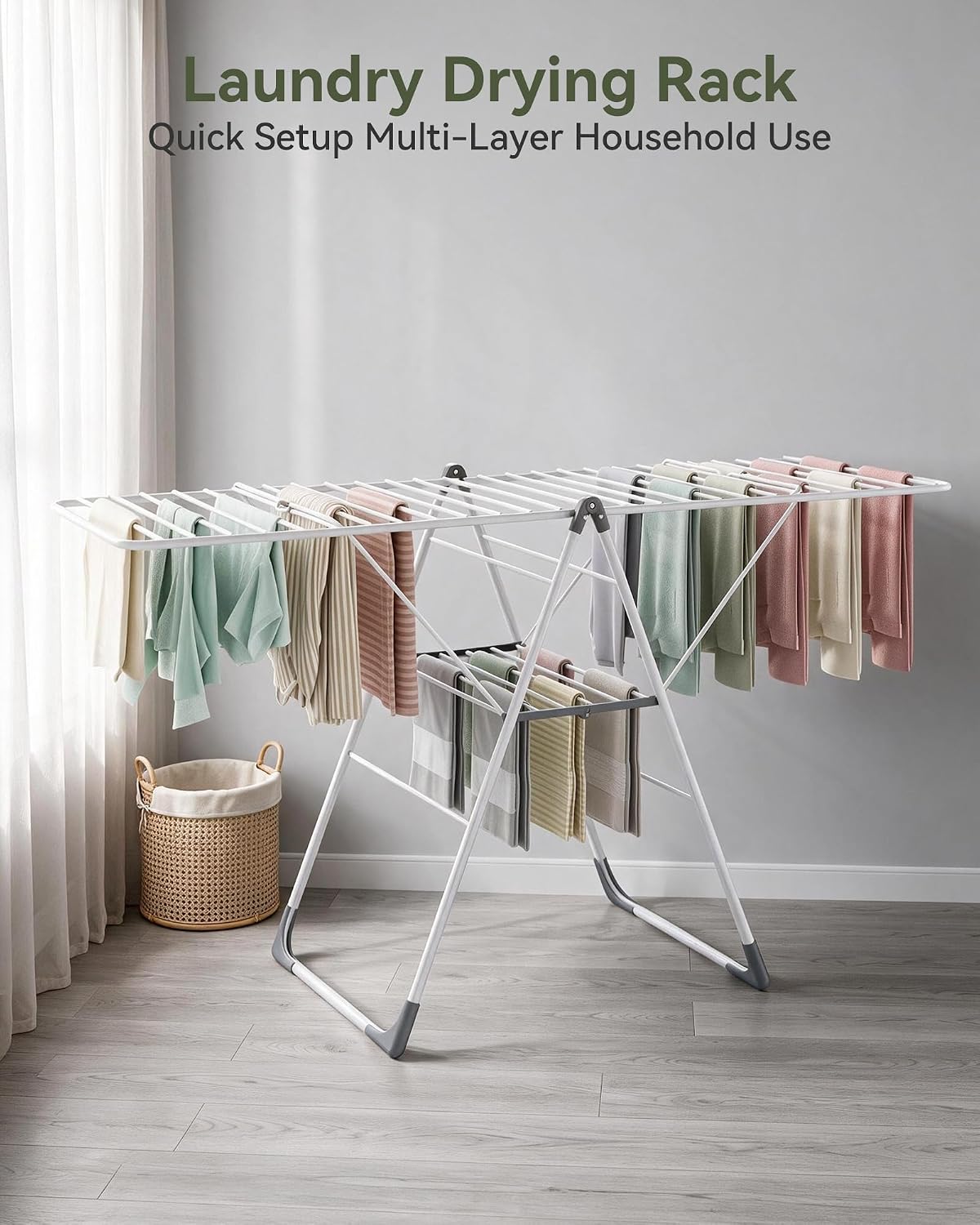 APEXCHASER 2-Tier Gullwing Clothes Drying Rack, 28-Rod Foldable, Adjustable
