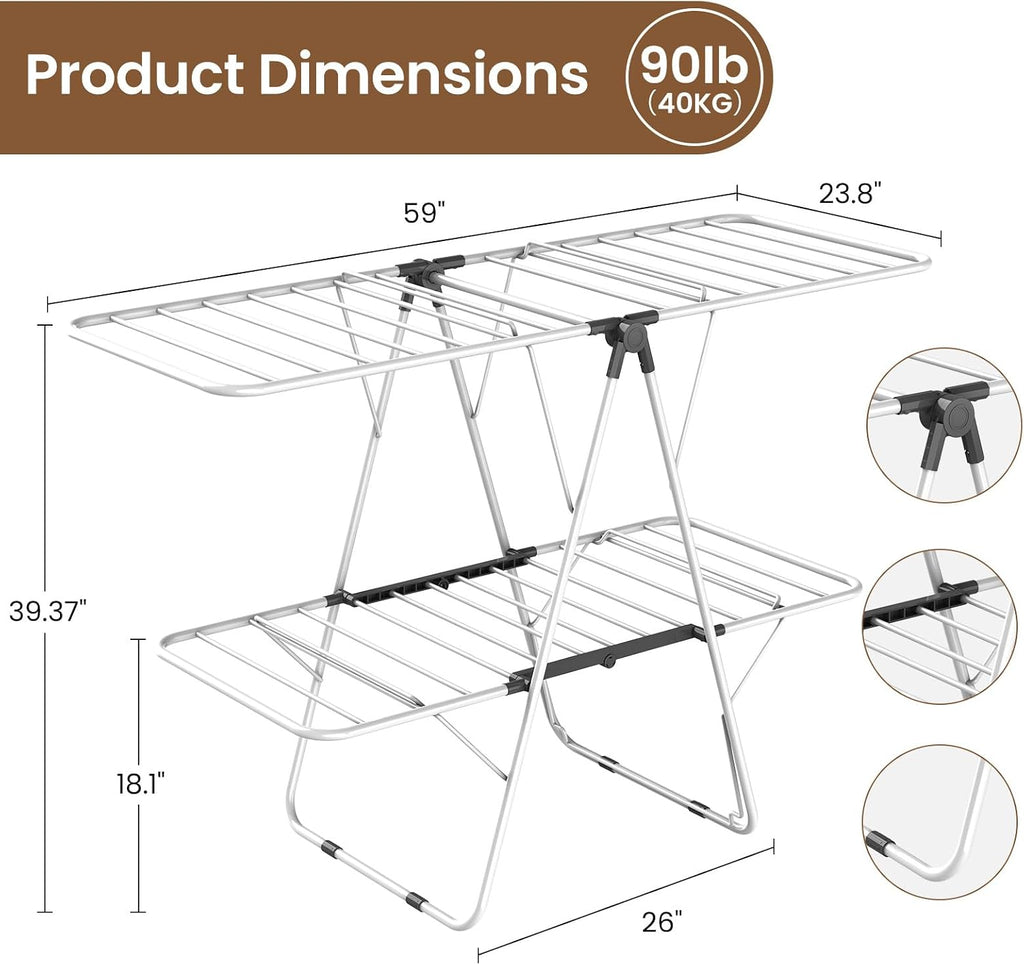 Clothes Drying Rack, 2-Tier Foldable Laundry Dryer Rack, Metal Height Adjustable Clothes Rack, for Outdoor & Indoor, with 31 Drying Rails, 59" L × 23.8" W