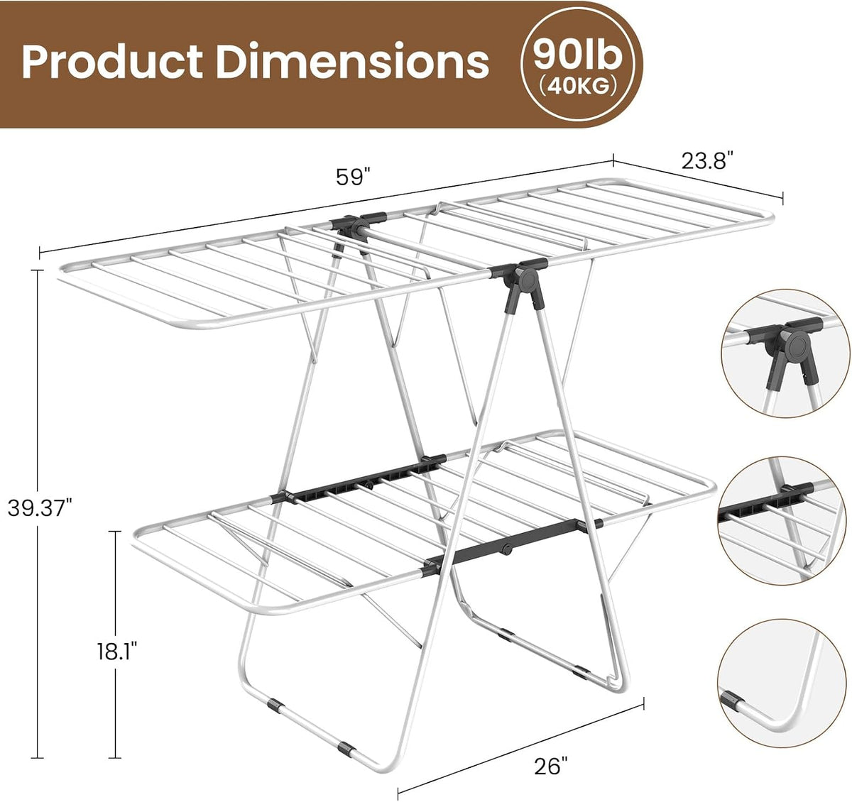 Clothes Drying Rack, 2-Tier Foldable Laundry Dryer Rack, Metal Height Adjustable Clothes Rack, for Outdoor & Indoor, with 31 Drying Rails, 59" L × 23.8" W