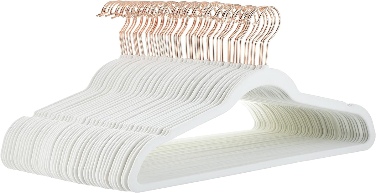 Amazon Basics Slim Velvet Non-Slip Space Saving Suit Clothes Hangers, Closet Organizer, Sturdy Construction, Ivory/Rose Gold, 50-Pack