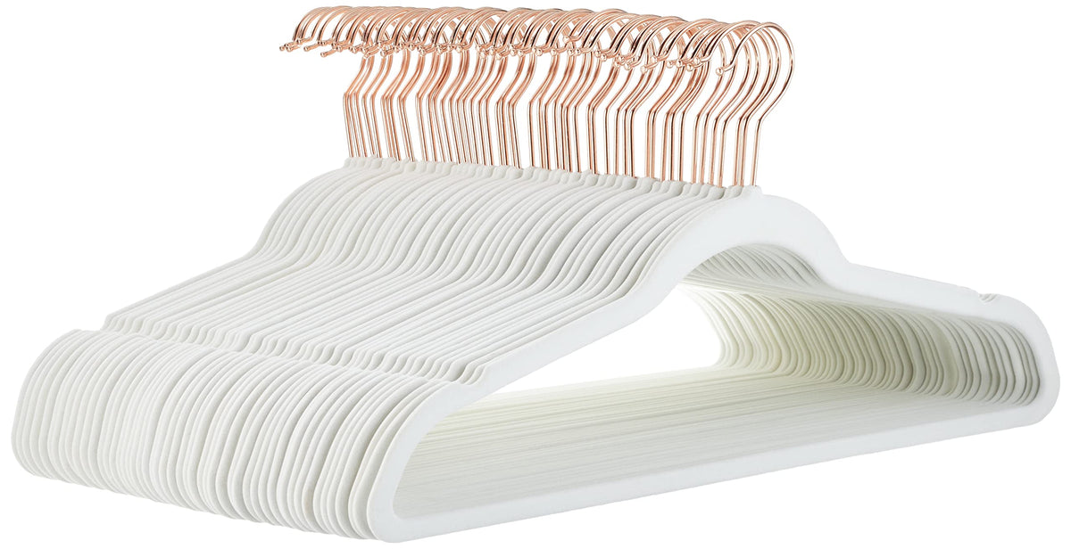 Amazon Basics Slim Velvet Non-Slip Space Saving Suit Clothes Hangers with Shoulder Notches for Closet Organization, Ivory/Silver, 50-Pack