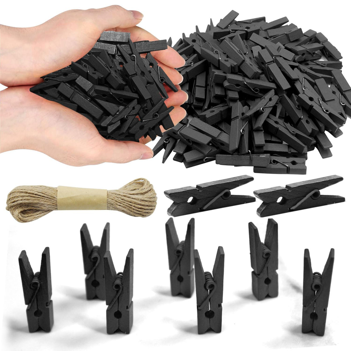 1.35 Inch Mini ClothesPins for Photo【100 Pcs】 with 32 Feet Jute Twine，Mini Clothes Pins for Crafts,Wooden Small Clothes Pins for Pictures,Tiny Decorative Clothespins for Baby Shower(Natural Color)