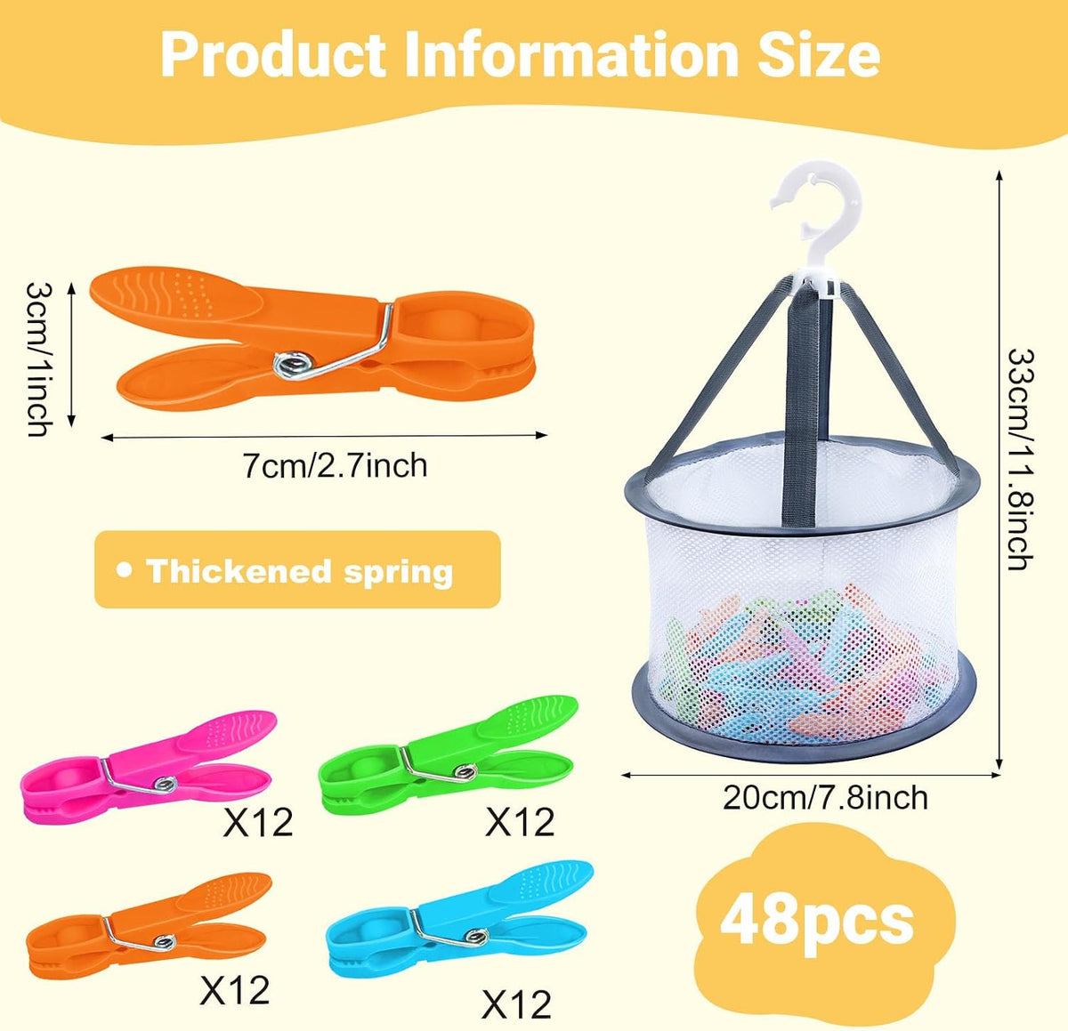 48 Pcs Colorful Plastic Clothes Pins with Clothespin Bag, Clothespins Basket Heavy Duty Laundry Clothes Pins Clips with Springs, Clothes Drying Line Pegs Towel Clips Picture Clips Food Clips