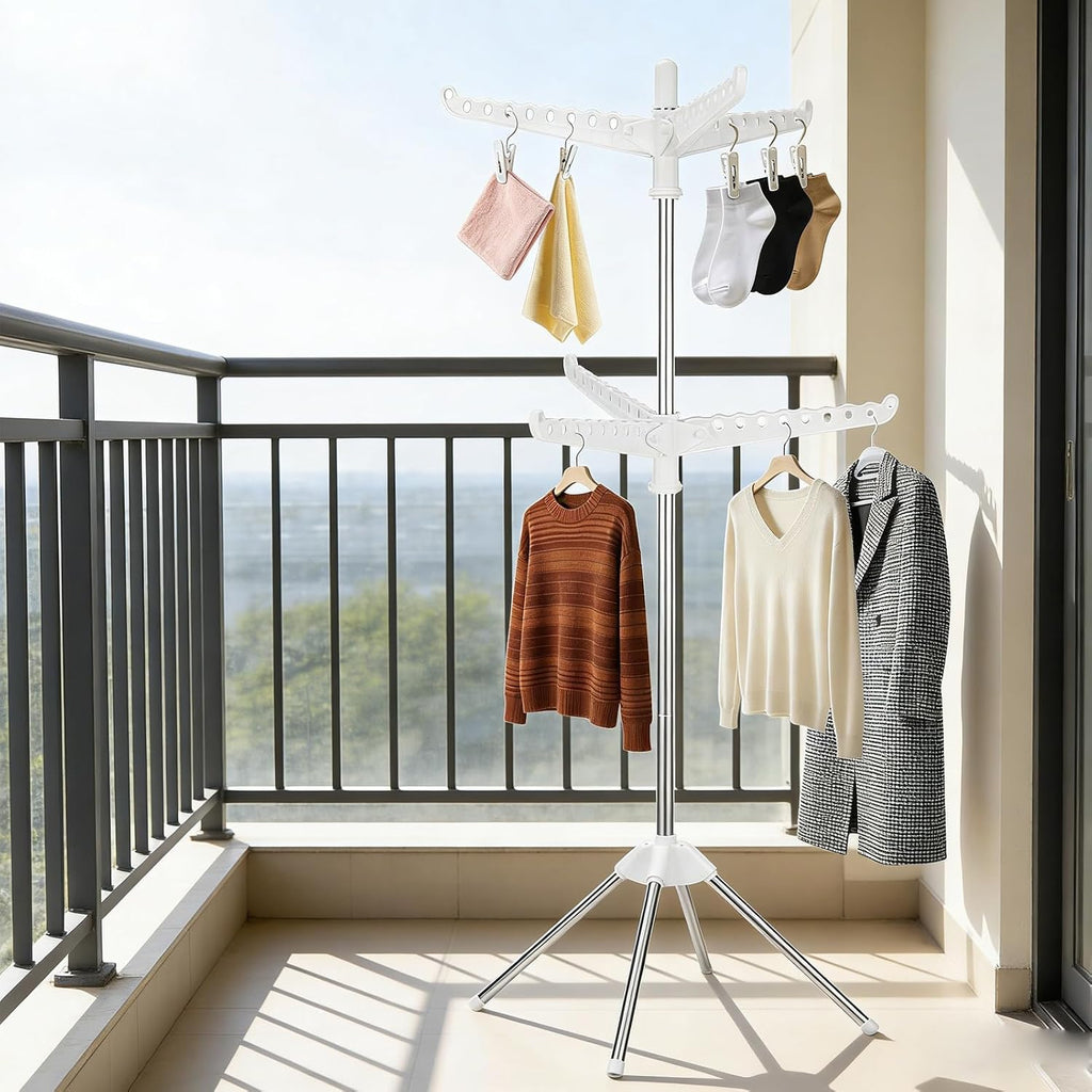 2-Layer Rotatable & Foldable Clothes Drying Rack 75" Stainless Steel Laundry Drying Tree with 6 Rotatable Arms, 4-Leg Free-Standing Hanger Stand for Indoor, Balcony, and Laundry Room