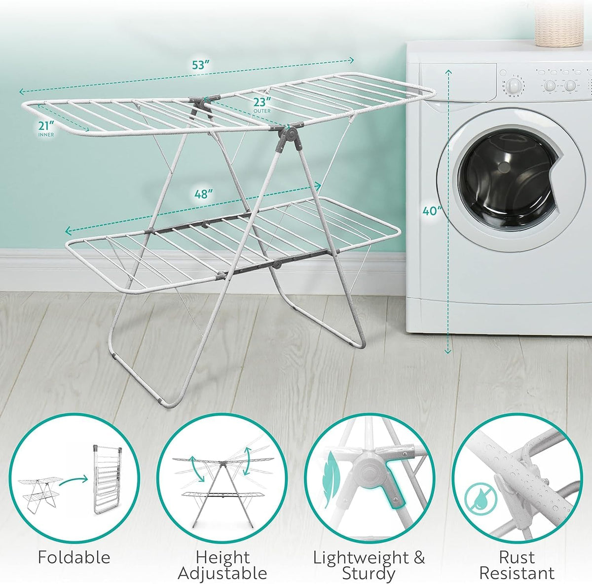 Brookstone 2 Tier Folding Rack - Indoor/Outdoor Collapsible Clothes Dryer Stand Laundry or Shoe Rack, Heavy Duty Freestanding Garment Hanger, Foldable, Clothing Drying Rack, White
