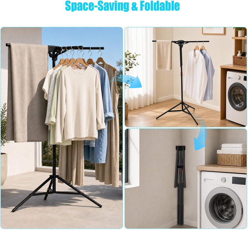 Portable Tripod Clothes Drying Rack, Foldable 4-Bar Rack for Space Saving