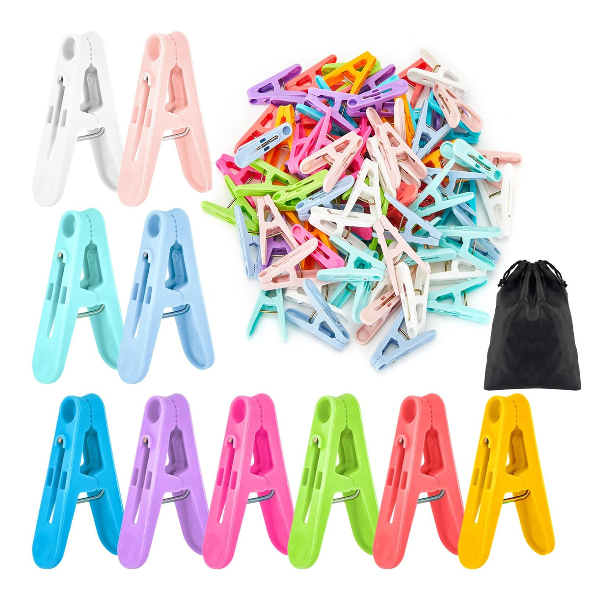 56 Pcs Colorful Clothespins, 4 Colors Spring Clips (2 Inch) Small Clothes Pin with Black Storage Bag - for Laundry, Drying Clothes, Home Use