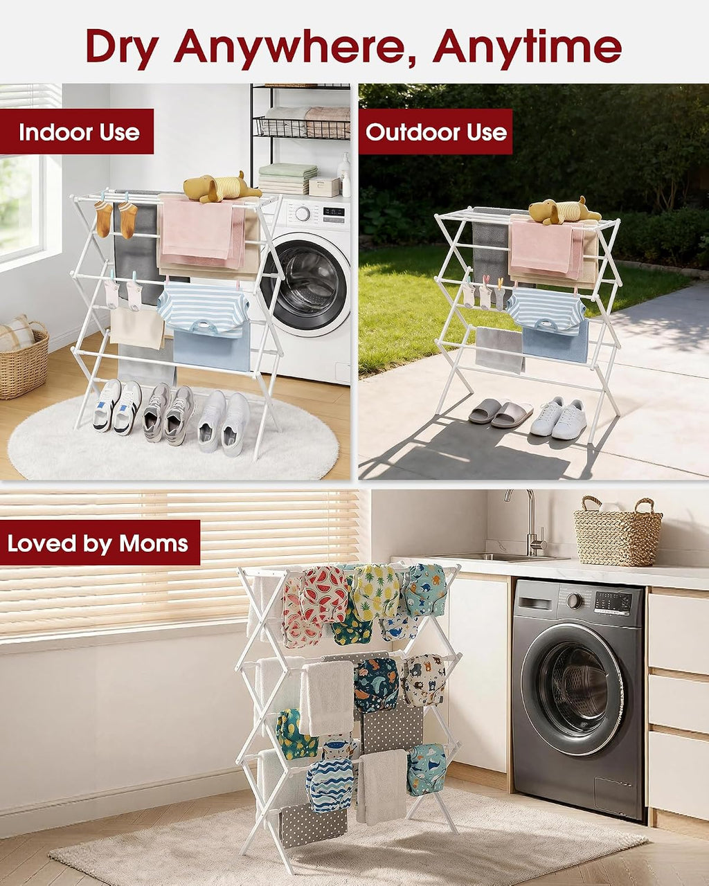 Sakugi Foldable 3-Tier Clothes Drying Rack 37.4" H with Non-Slip Feet