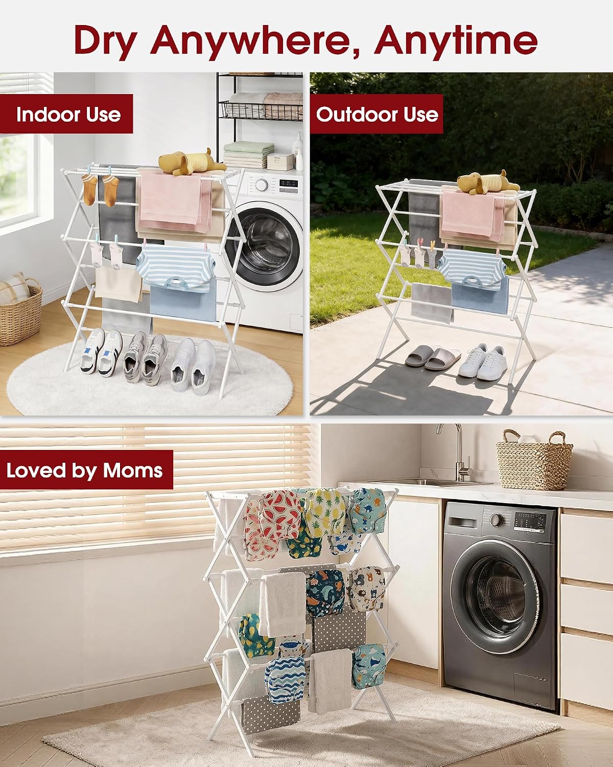 Sakugi Foldable 3-Tier Clothes Drying Rack 37.4" H with Non-Slip Feet