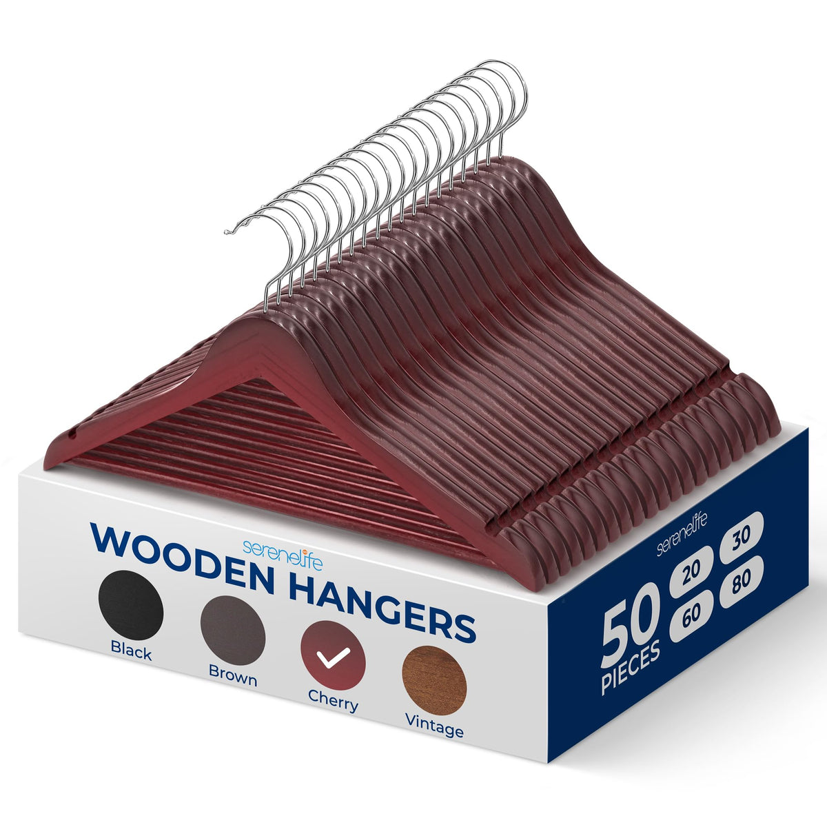 SereneLife Wooden Hangers 50 Pack - Durable & Slim Coat Hanger - Wood Hangers for Coats, Suits, Jackets, Closet & Pants - Suit Hanger with 360-Degree Rotatable Hook and Shoulder Grooves (Brown Color)