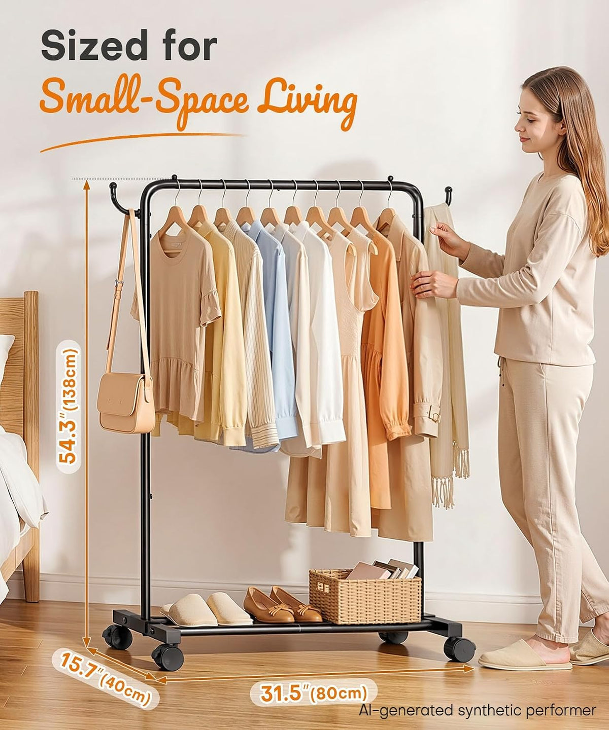 Homde Portable Clothes Rack for Bedroom: 4 Lockable Wheel Move Room-to-Room